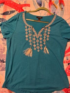 Style & Co. Teal Short Sleeve Embroidered Tassel V-Neck Tee